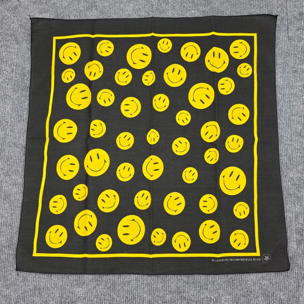 Vintage Hav-A-Hank Smiley Face Bandana Black Yellow Made in USA RN 15187